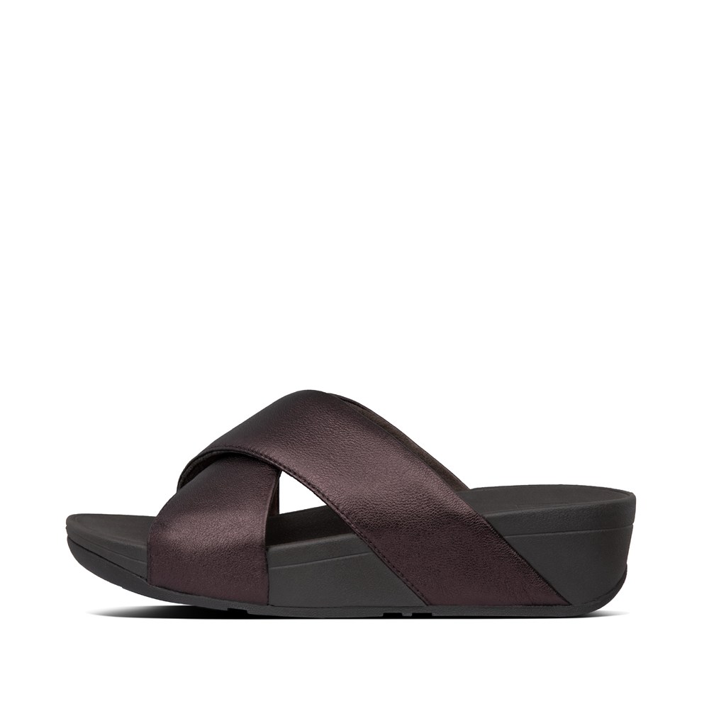 Fitflop Womens Slides Dark Brown - Lulu Metallic Leather Cross - 95TKWELGM